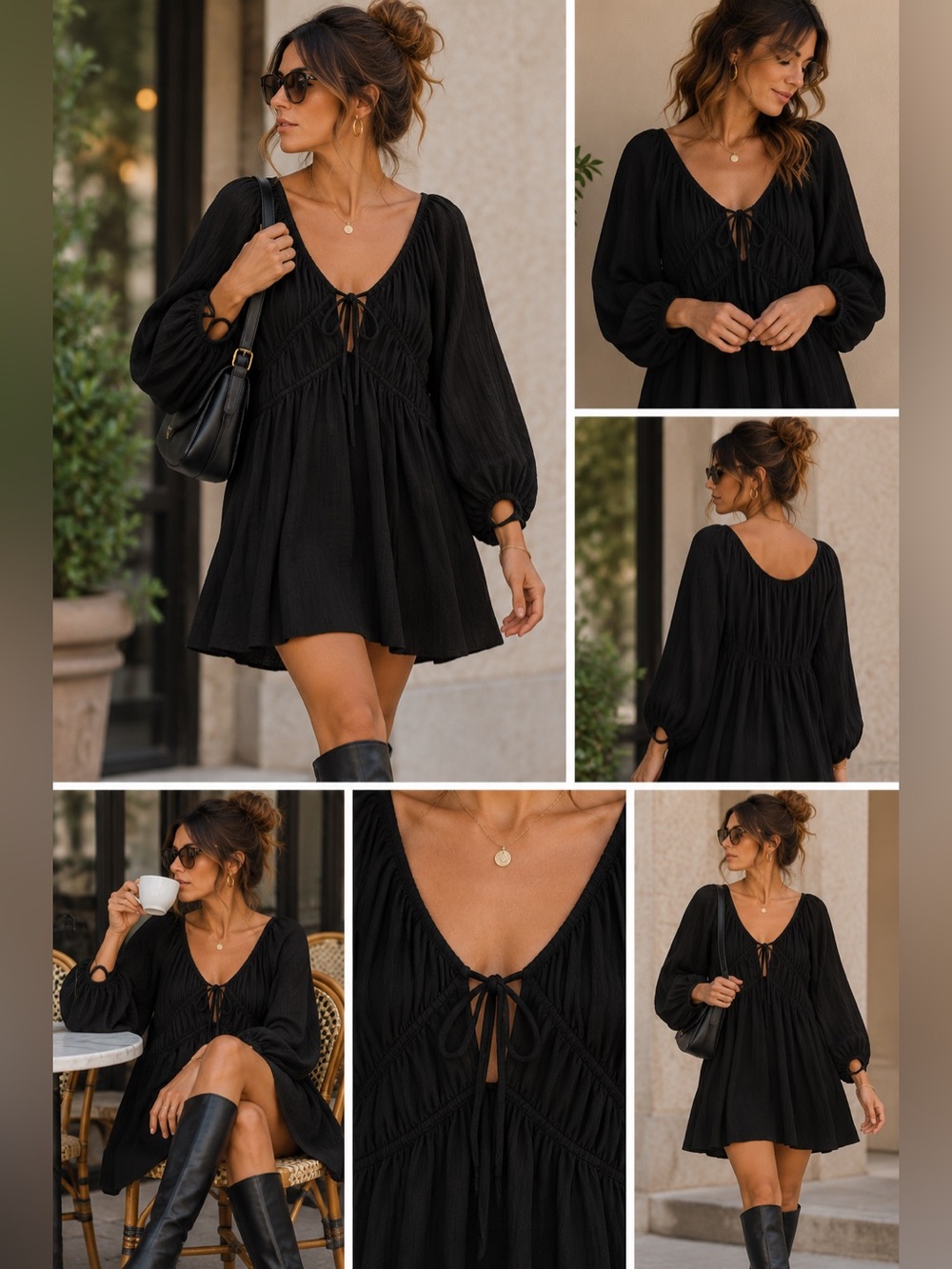 H&M Black Long Sleeve V-Neck Smocked Waist Dress